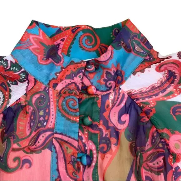 Colorful Pink Paisley Floral Print Long Sleeve Short Dress L’Atiste Small Mini - Picture 5 of 14
